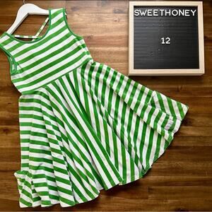 SweetHoney Sleeveless Game Day Knit Cotton Dress Green Cream Stripe Tween Twirl